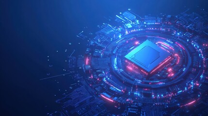 Leinwandbilder - A digital AI chip is at the heart of an abstract tech brain design, featuring vibrant colors on a dark blue background. Generative AI