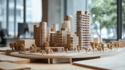 real estate business, housing development and urban planning. buildings scale models on the table at architects office