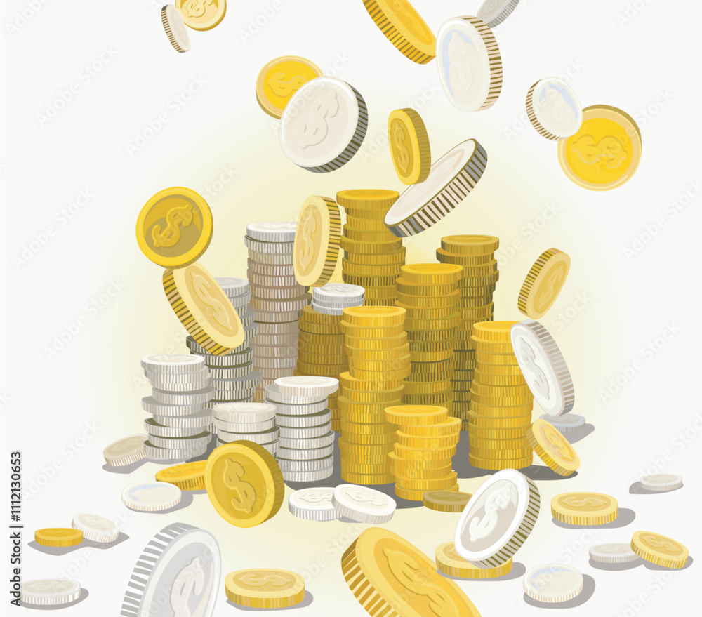 big stack of coin metal money with falling coins from sky 3D realistic ...