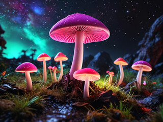 vibrant neon mushrooms glowing in a mystical, cosmic backdrop. perfect for fantasy and magical theme