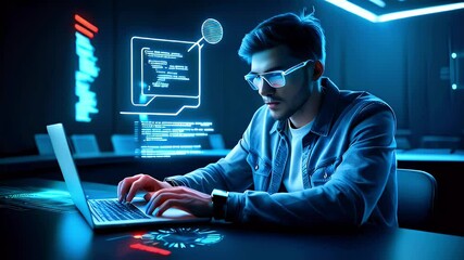 A focused individual working on a laptop with digital interfaces in a futuristic setting.