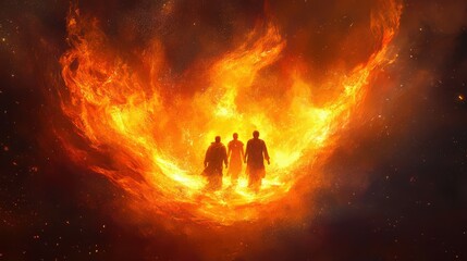 Wall Mural - shadrach, meshach, and abednego in the fiery furnace, depicted within a swirling nebula, highlightin