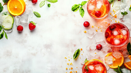 Wall Mural - Cold white, pink and red sangria cocktails with fresh fruits, berries and mint.