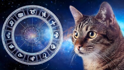 zodiac signs with blue nebula and beautiful tabby cat like mystic astrology concept, mystic tabby ca