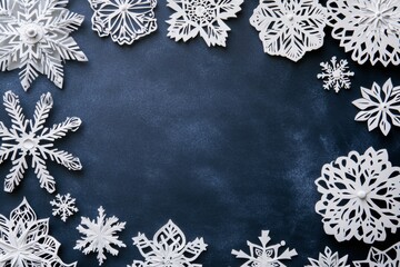 Aufkleber - Delicate handcrafted paper snowflakes create a beautiful border against a dark background, perfect for adding custom text or messages. Generative AI