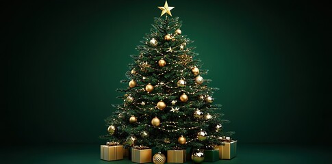 golden christmas elegance: beautiful tree with stunning decorations on a green background