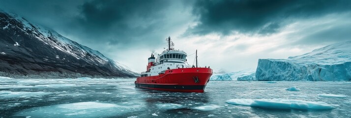 Leinwandbilder - Red icebreaker ship makes its way through icy polar waters, surrounded by towering glaciers under a dramatic sky. Generative AI