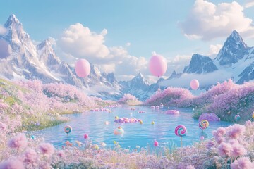 Canvas Print - a beautiful landscape with pink flowers and a lake
