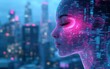© ANUAR - Futuristic Portrait of a Cyborg Woman with Neon Light Patterns and a City Skyline Background Illustrating AI Integration in Urban Life