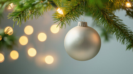 Wall Mural - a Christmas ball hangs on a spruce branch and garland lights are visible in the background