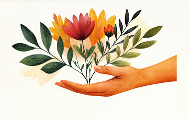 Wall Mural - a hand holding a vibrant bouquet of flowers, including a red flower and several green and yellow leaves, against a plain white background.