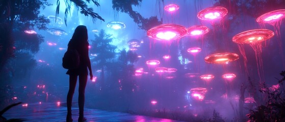 Wall Mural - A silhouette in a mystical forest with glowing jellyfish-like lights.