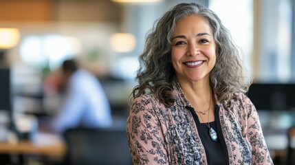 Wall Mural - Diverse female senior administrative assistant smiling confidently in a bustling office environment