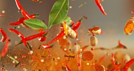 Poster - Super Slow Motion of Flying and Rotating Spices Mix. Filmed on High Speed Cinema Camera, 1000 fps. Speed Ramp Effect.