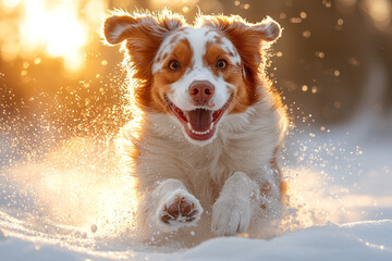 Wall Mural - A playful dog leaping joyfully into a snowdrift, its fur dusted with snowflakes, with soft winter sunlight illuminating the scene,