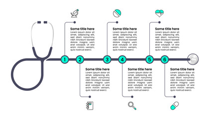Infographic template. Stethoscope with 6 steps and line