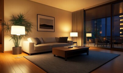 Canvas Print - Cozy modern living room with ambient lighting and plants.