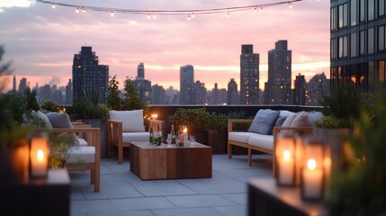 Canvas Print - Cozy rooftop lounge with seating, plants, and city skyline at sunset.