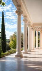 Wall Mural - Elegant colonnade with lush greenery and blue sky backdrop.