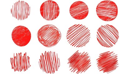 set of red hand drawn doodle circle on white background, vector illustration, flat design, simple line art, crisp lines, 2d drawing