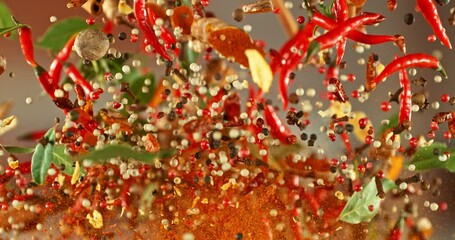 Poster - Super Slow Motion of Flying and Rotating Spices Mix. Filmed on High Speed Cinema Camera, 1000 fps. 