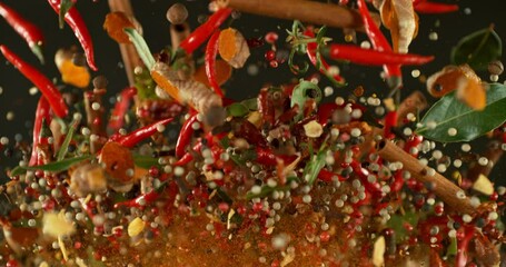 Poster - Super Slow Motion of Flying and Rotating Spices Mix. Filmed on High Speed Cinema Camera, 1000 fps. 
