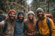 © Lubos Chlubny - Group of backpackers smiling during hiking trip in forest
