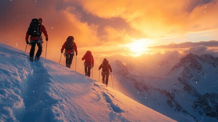 Wall Mural - Mountaineers walking on snowy mountain ridge at sunset