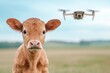 © typepng - Drones soar overhead while a curious calf gazes up, illustrating the intersection of farming and modern technology.