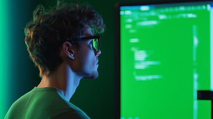 Young man in glasses working on coding project in front of green-lit monitor at night