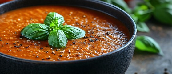 Wall Mural - A bowl of rich tomato soup garnished with fresh basil leaves and black pepper.