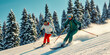 © icemanphotos - Friends together skiing and snowboarding in the mountains, ski resort. Winter fun enjoy outdoor sports recreational activity in sunny forest landscape nature. Wintertime fun. Ai generated