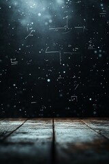 Wall Mural - abstract mystical education background, dark wooden table with glowing math formulas on blackboard