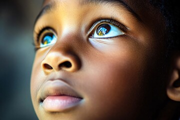 close up of a young black child staring upwards with a look of awe and wonder, capturing the innocen