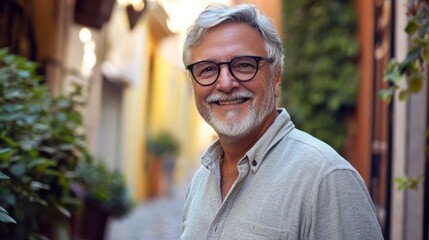 Confident mature man standing outdoors smiling in an urban environment wearing glasses and casual attire