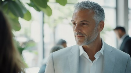 Wall Mural - Gray-haired man in a light suit interacting with colleagues bright modern office with natural daylight minimalist style