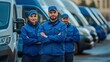 © Lion - team of three delivery personnel in blue uniforms standing together in front of a row of delivery vans urban outdoor location clear lighting