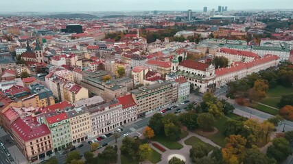 Poster - Prague architecture, aerial view. Flight over historical buildings with red roofs in European city. Birds eye view of cityscape of Praha, Czech Republic