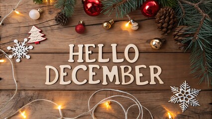 Hello December. Christmas decoration on old wooden background. Winter holidays concept. Selective focus.