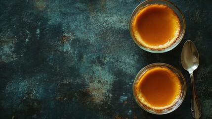 Sticker - Creamy Custard Dessert with Caramel Topping Served in Glass Bowls on a Dark Textured Background, Perfect for Food Photography and Culinary Art