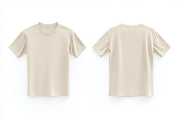 T-shirt mock-up. Empty beige men's classic tee shirt front, back mockup template isolated on white background. Blank cotton ivory short sleeve shirt with round neck, jersey fabric. Clothing apparel