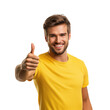 © Favio - Smiling man in yellow shirt giving a thumbs up gesture on a transparent background for positive concepts.