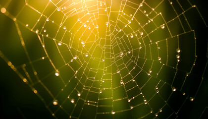 Soft morning light illuminating dewdrops on a spiderweb, with macro focus capturing delicate details of the light refraction.