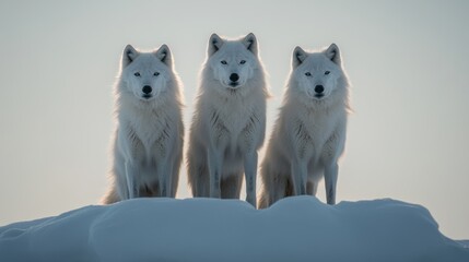 Majestic Arctic Wolves Standing Together on a Snowy Landscape with Soft Light Illuminating Their Fluffy White Fur and Intense Gaze Against a Winter Sky