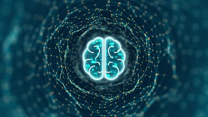 Wall Mural - motion graphic of blue digital brain logo and tunnel line connection with artificial intelligence an