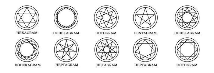 Abstract outline of pentagrams, hexagons, and mystical shapes in a simple, magical style. This minimalistic set is ideal for esoteric, spiritual, and alchemical themes.