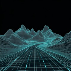 Aufkleber - Mountains and road grid. 3d map route polygonal landscape. Futuristic space wireframe with mountain. Retrowave wallpaper with highway. Vector background. Land surface with rock peaks