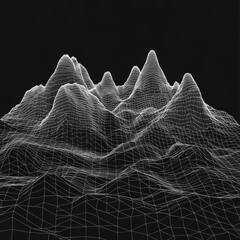 Poster - Mountains and road grid. 3d map route polygonal landscape. Futuristic space wireframe with mountain. Retrowave wallpaper with highway. Vector background. Land surface with rock peaks