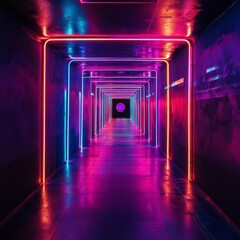 Aufkleber - Neon Curved Light Cyberspace Tunnel 3D Rendering