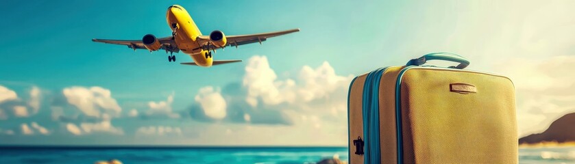 Fototapete - A vibrant scene depicting a yellow airplane flying above a sandy beach with a suitcase, capturing the essence of travel and adventure.